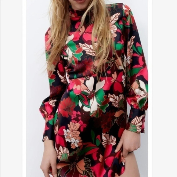 New Zara Floral Print Satin Effect Dress - Picture 8 of 16